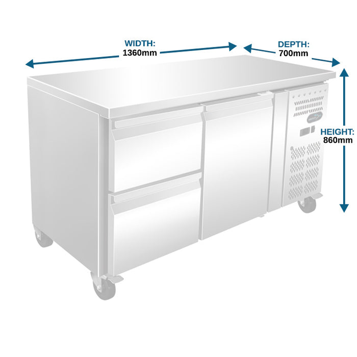 Two Door Counter Refrigerator – 1 Drawer Bank - 1360mm - Aquilo Refrigeration