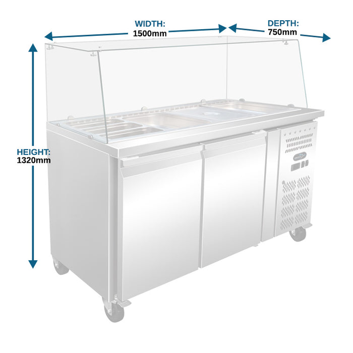 Two Door Counter Refrigerator with Saladette Top and Glass Screen - 1500mm - Aquilo Refrigeration