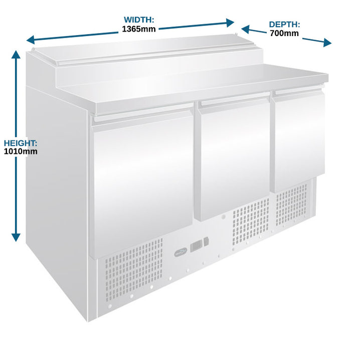 Three Door Refrigerated Counter with Raised Pan Holders -1365mm - Aquilo Refrigeration