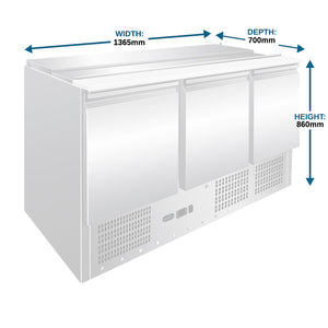 Three Door Counter Refrigerator with Saladette Top - 1365mm - Aquilo Refrigeration